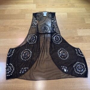 Ash & Sara Women's Embellished Mesh Vest Beaded Sequins Cowgirl Hippie XL